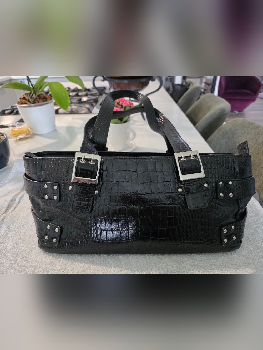 Nordstrom Black Croc-Embossed Shoulder Bag with Silver Buckles
